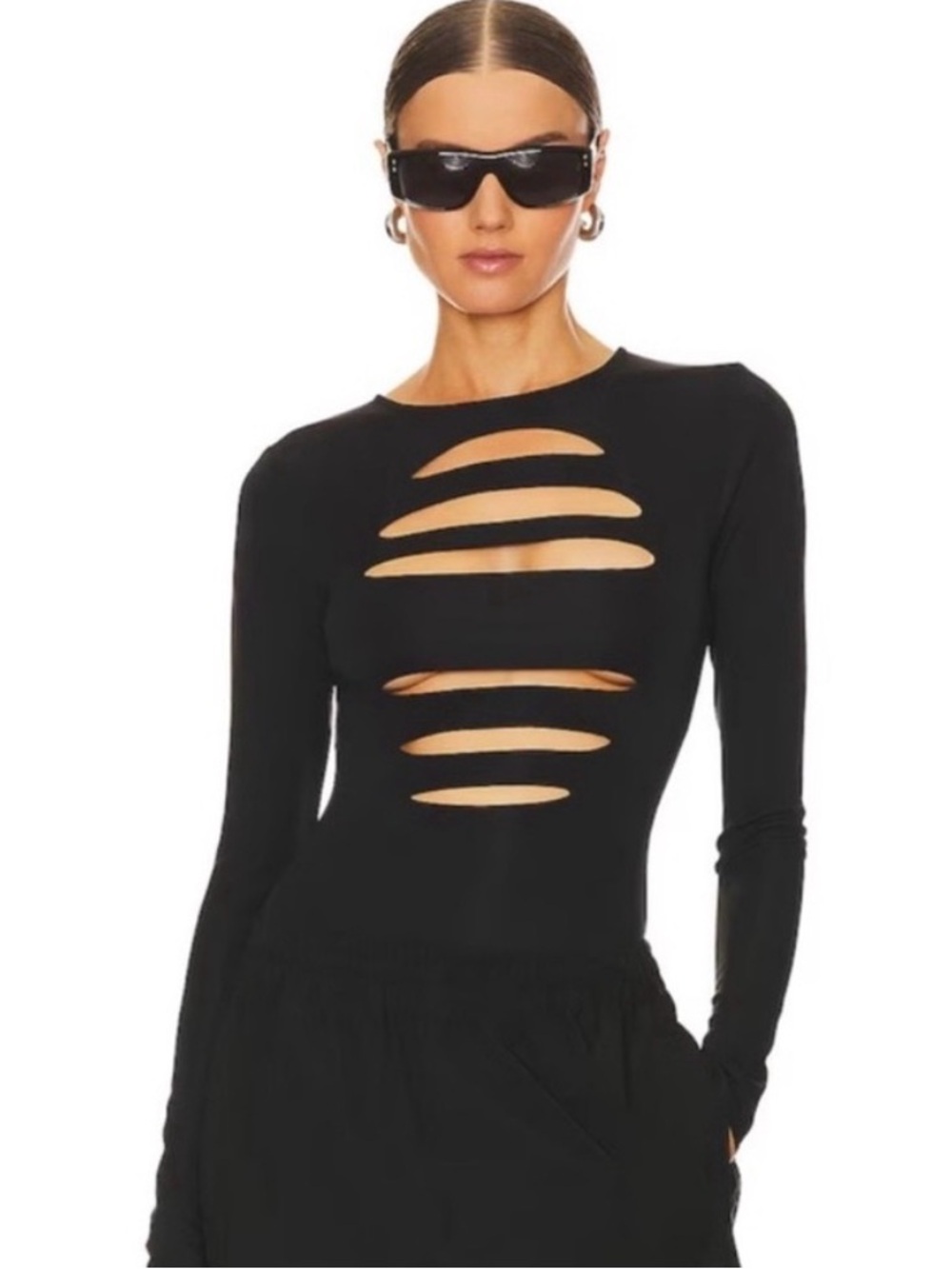 h:ours- Black Tamika Long-Sleeve Cutout Bodysuit